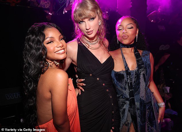 Gorgeous: The star is part of a singing duo with her younger sister Halle Bailey, 23;  Halle and Chloe pose with Taylor Swift at the MTV Video Music Awards in New Jersey on September 12