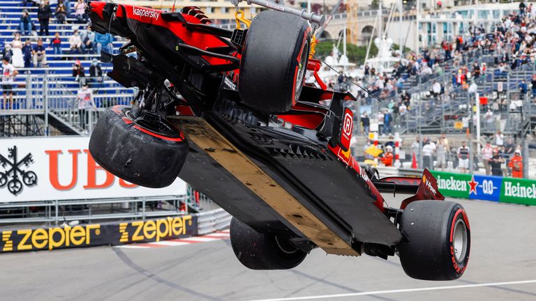 A view of the underside of Charles Leclerc's Ferrari during the 2021 Monaco GP as it was winched away after a crash 