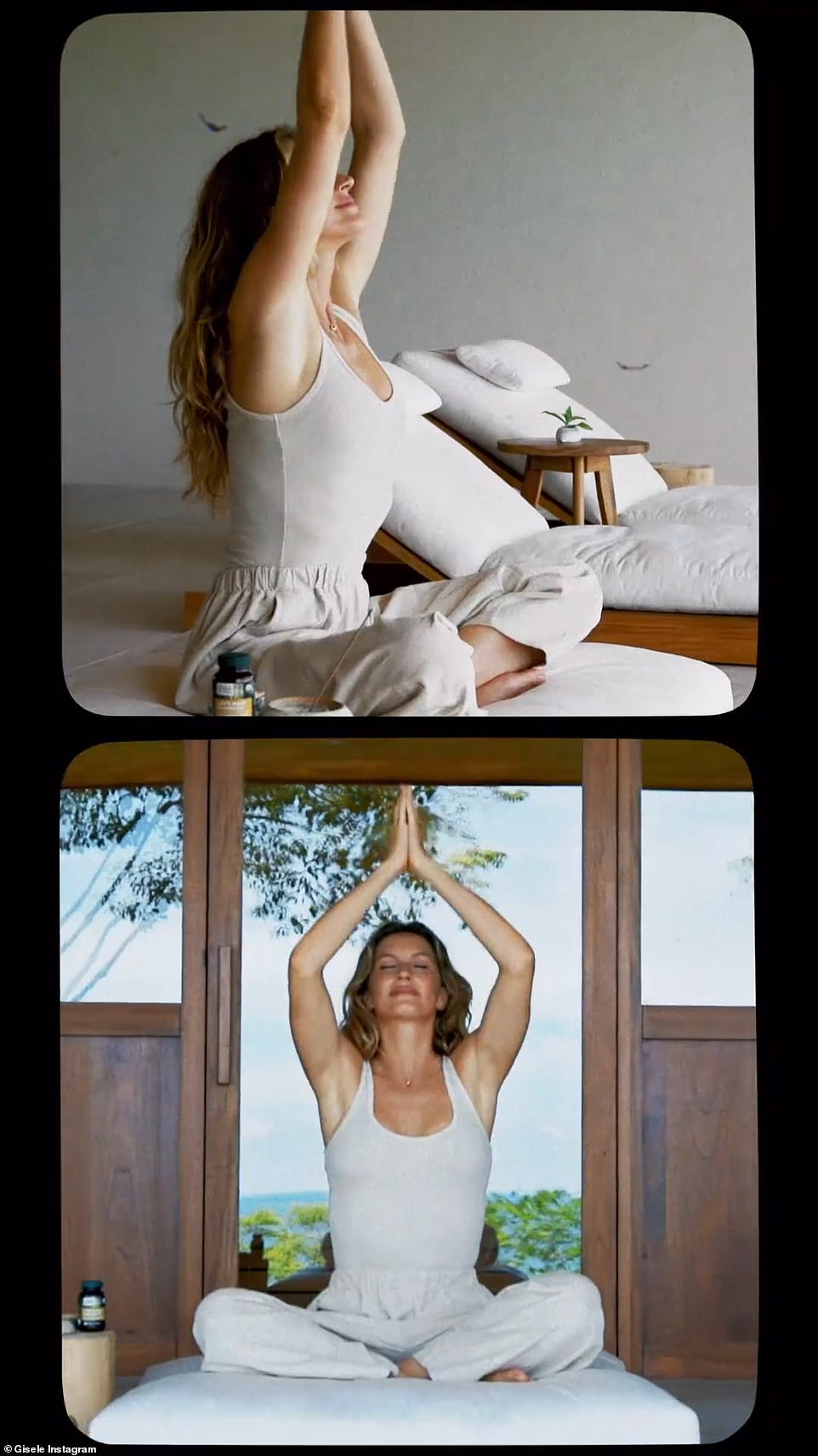 Yoga stretch: The mother of two sat with her legs crossed on the wooden balcony in what appeared to be a house in a tropical location and did yoga moves