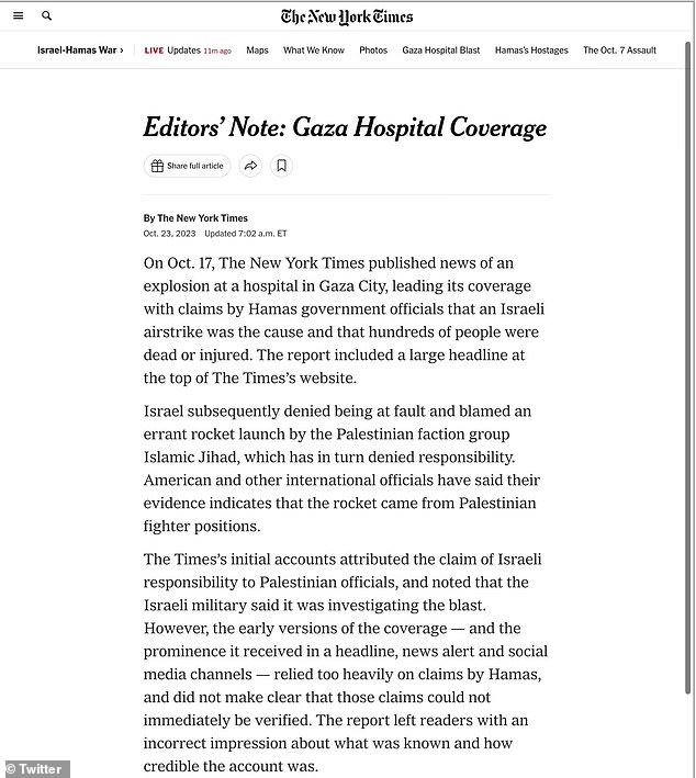 “The Times' initial reports attributed the claim of Israeli responsibility to Palestinian officials, and noted that the Israeli military said it was investigating the blast,” the note said.