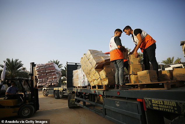 Members of the Palestinian Red Crescent organize the delivery of humanitarian aid sent by the World Health Organization (WHO) after entering Gaza through the Rafah crossing