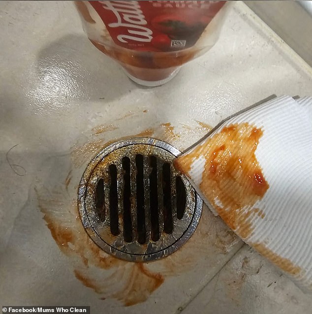 Drain stains are a buildup of mineral deposits that remain because water collects around the area and then evaporates.  Acid from the tomato sauce helps break down the dirt and buildup