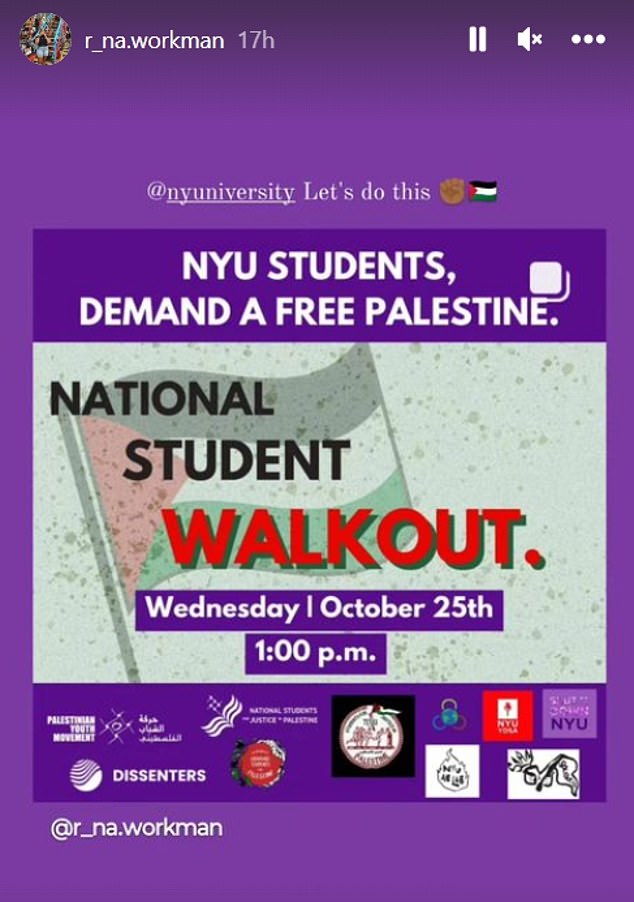 Workman and other students demand NYU 'dissociate' from 'the genocidal siege of Palestine'