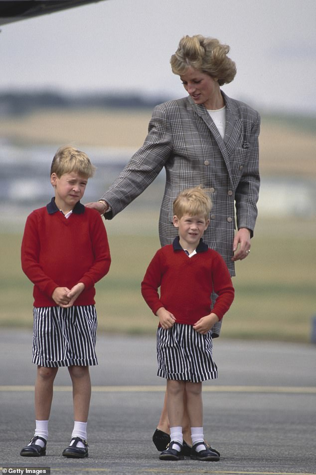 The Princess of Wales with her sons after their arrival at Aberdeen Airport in August 1989