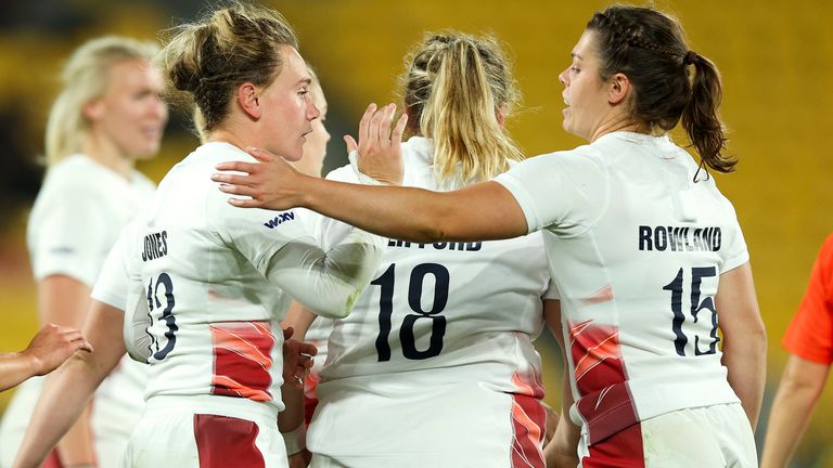 Megan Jones and Helena Rowland celebrate as England made a winning start in the new WVX series against Australia