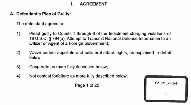 Dalke spoke only in response to questions from Moore about whether he understood the terms of the deal, which included pleading guilty to all six charges of attempting to transmit national defense information to an office or agent of a foreign government.