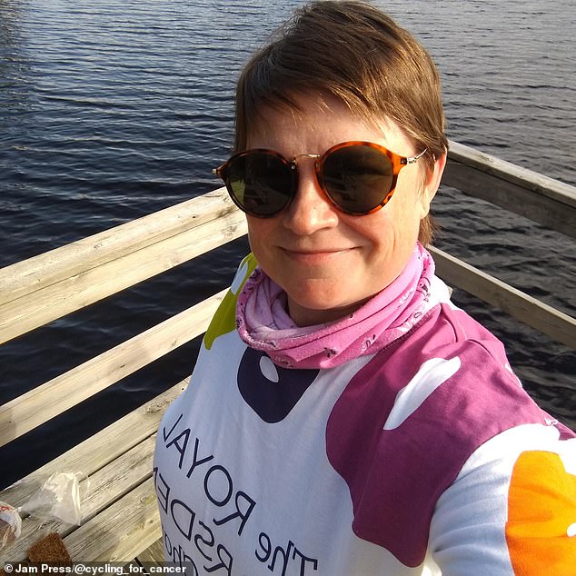 In the months after her diagnosis, doctors were also told she had Lynch syndrome, an inherited condition that increases the risk of certain cancers, including colon, ovarian and pancreatic cancer.  Ms Sillanpaa now undergoes regular colonoscopies to detect any changes in her body.  Pictured is Mrs Sillanpaa on a cycle ride in front of the Royal Marsden