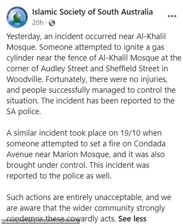 The Islamic Society of SA condemned the incidents, but police said they believe the two fires are unrelated and were not radically motivated