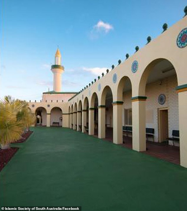 Firefighters were forced to extinguish the gas cylinder fire outside the Al-Khalil Mosque in Adelaide's northwest (pictured)