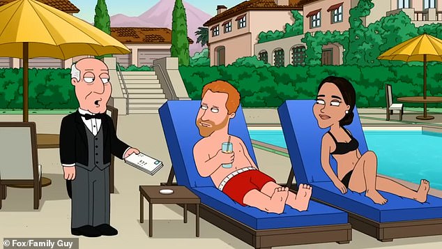 The satirical cartoon presents the couple as poolside loungers who retain their butler, a quintessentially British character