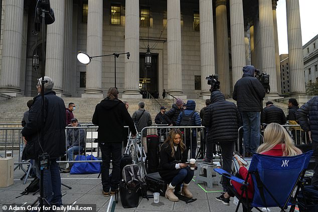 Media and camera crews can be seen outside the courthouse ahead of the highly anticipated proceedings