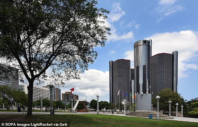 The General Motors headquarters at Detroit's Renaissance Center can be seen from Hart Plaza