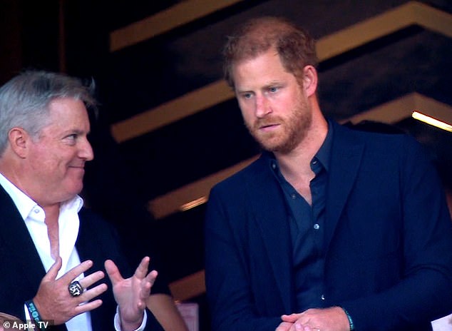 The Duke of Sussex sat next to football club co-owner Larry Berg (left) during the LAFC match