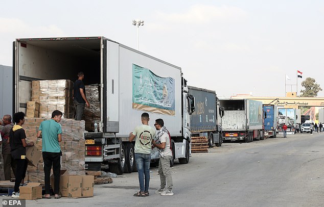 The humanitarian aid convoy heading to the Gaza Strip is parked outside the Rafah border gate