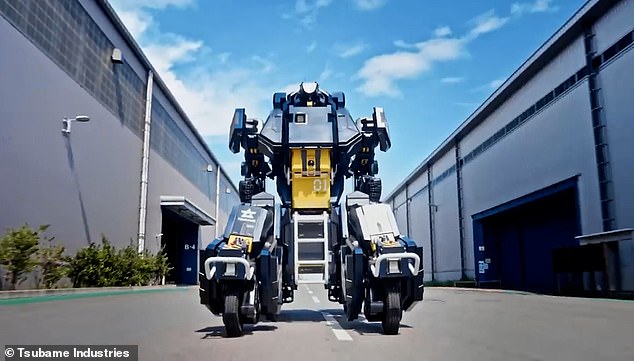 Powered by its electric motor, the 15-foot-tall robot can reach speeds of 10 miles per hour