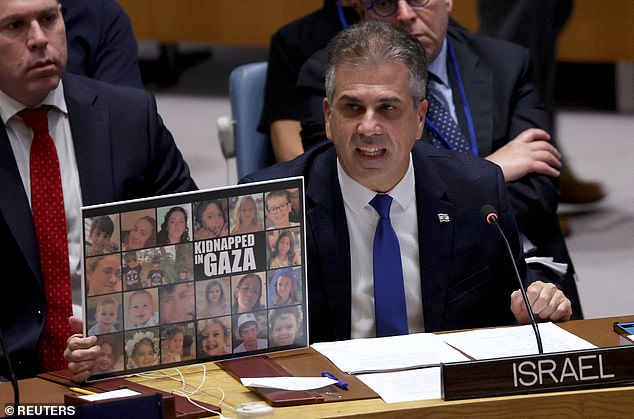 Israeli Foreign Minister Eli Cohen speaks during a Security Council meeting about the conflict between Israel and the Palestinian Islamist group Hamas