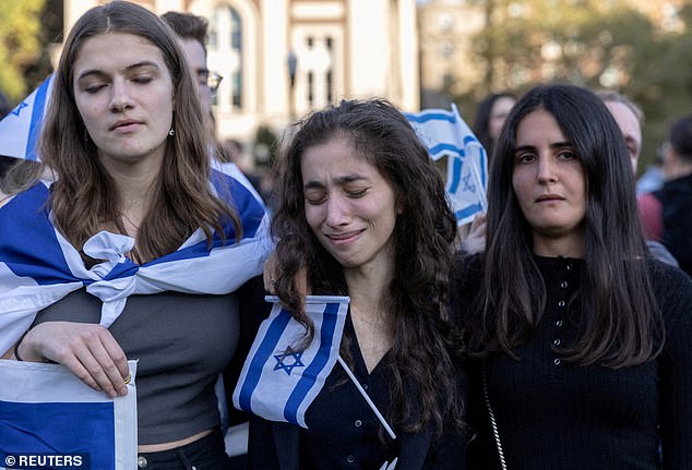 Pro-Israel students take part in a protest in support of Israel amid the ongoing conflict in Gaza on October 12 at Columbia University in New York City.