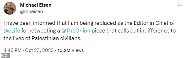 Eisen announced his resignation on X Monday after receiving significant backlash online for endorsing The Onion's fictional story