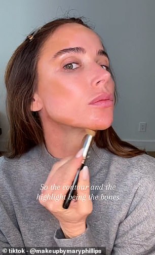 I go to Mary Phillips (pictured) – Hailey Bieber's makeup artist – for contour tricks.  Here she is seen sculpting her face