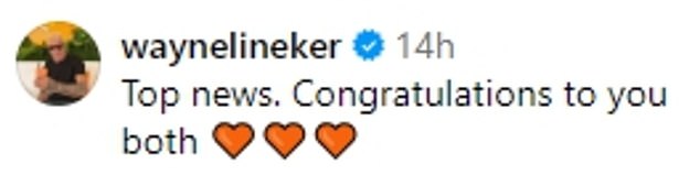 Patrick and Hayley's celeb friends congratulated them in the comments, including Wayne Lineker who wrote: 'Top news.  Congratulations to both of you