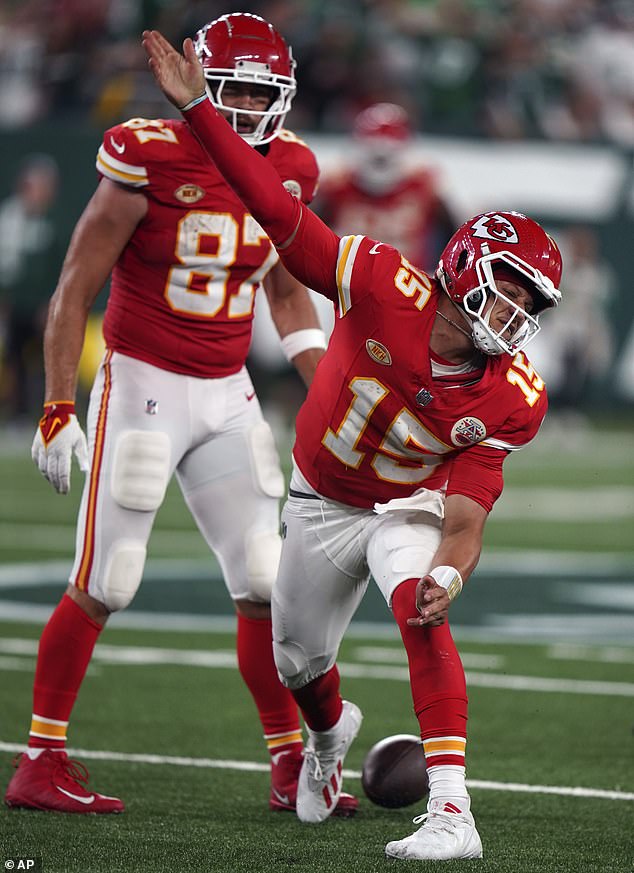 Taylor and Brittany's partners Patrick Mahomes, 28, (pictured right) and Travis Kelce, 34, both play for the Kansas City Chiefs