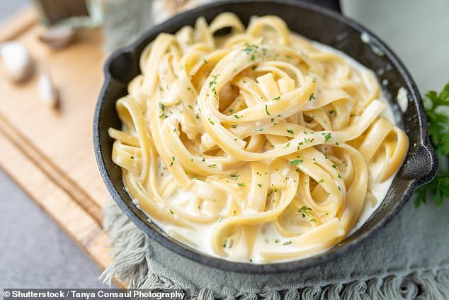 Fettuccine (pictured) is the name of a thick, flat pasta that is generally the same length as spaghetti.  The name means 