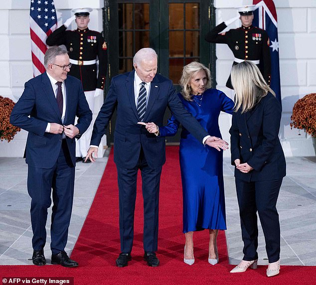 President Joe Biden and First Lady Jill Biden invite Prime Minister Anthony Albanese's partner, Jodie Haydon, to stand next to Mr. Albanese, instead of next to Dr. Biden