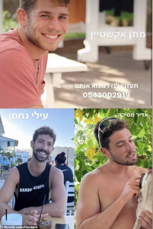 Mesika (below left) died on October 7 while protecting his girlfriend and another girlfriend at the Nova music festival in southern Israel.  His childhood friends Eli Nachman (bottom right) and Matan (top) were also killed by terrorist gunfire