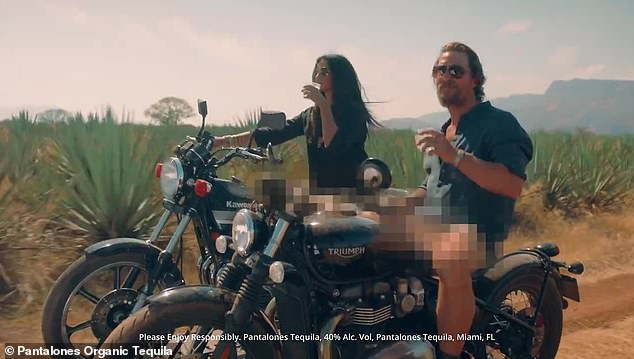 Cheeky: In a cheeky nod to the brand's name, the superstar couple ditches their pants to ride a motorcycle through an agave field