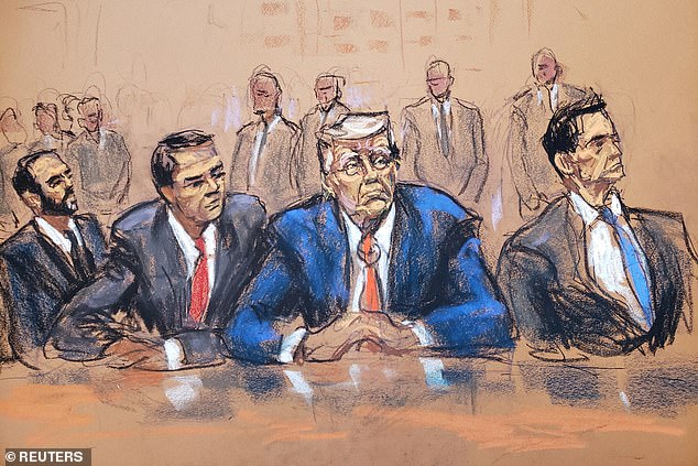 Former US President Donald Trump sits among his lawyers as he faces charges in court in Washington that he orchestrated a plot to overturn his 2020 election loss