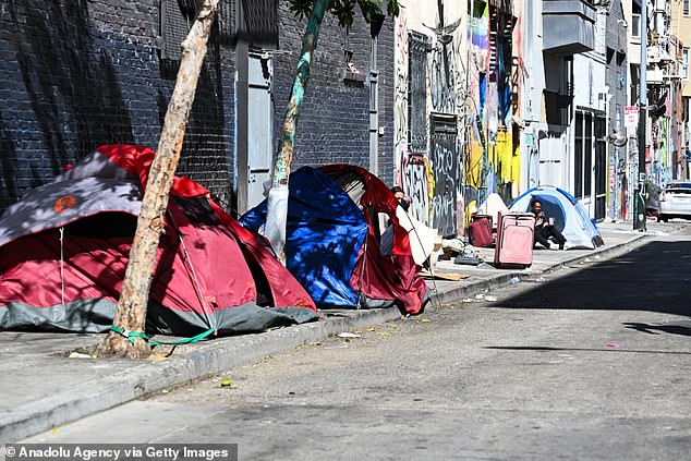 A homeless encampment can be seen in the Tenderloin District of San Francisco, California