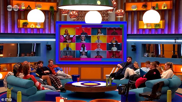 Tense: The housemates gathered in the lounge before being called to the Diary Room to nominate two housemates