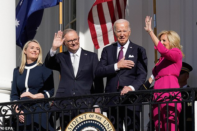 Prime Minister Anthony Albanese (second from left) and his partner Jodie Haydon (left) are currently in the US.  They are pictured at the White House with US President and wife Jill (right)