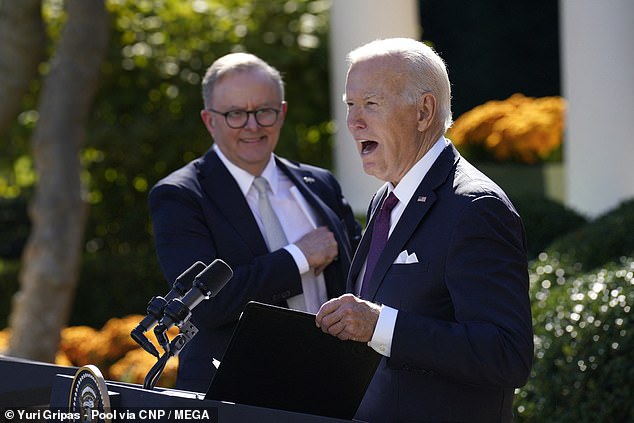 Prime Minister Anthony Albanese looks on as President Biden addresses the media during a joint press conference at the White House on Wednesday
