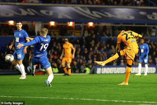 Hull City's Jaden Philogene scores their team's second goal of the match in the 74th minute