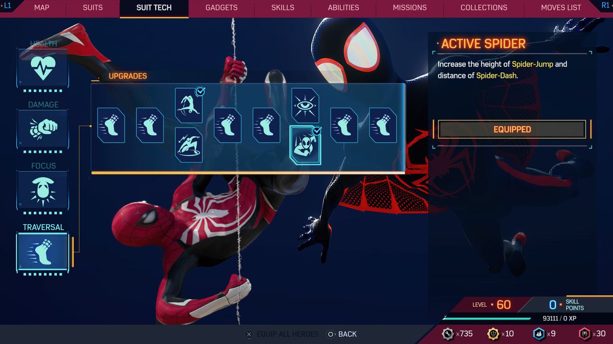 A menu shows the active spider skill in Spider-Man 2 on PS5.