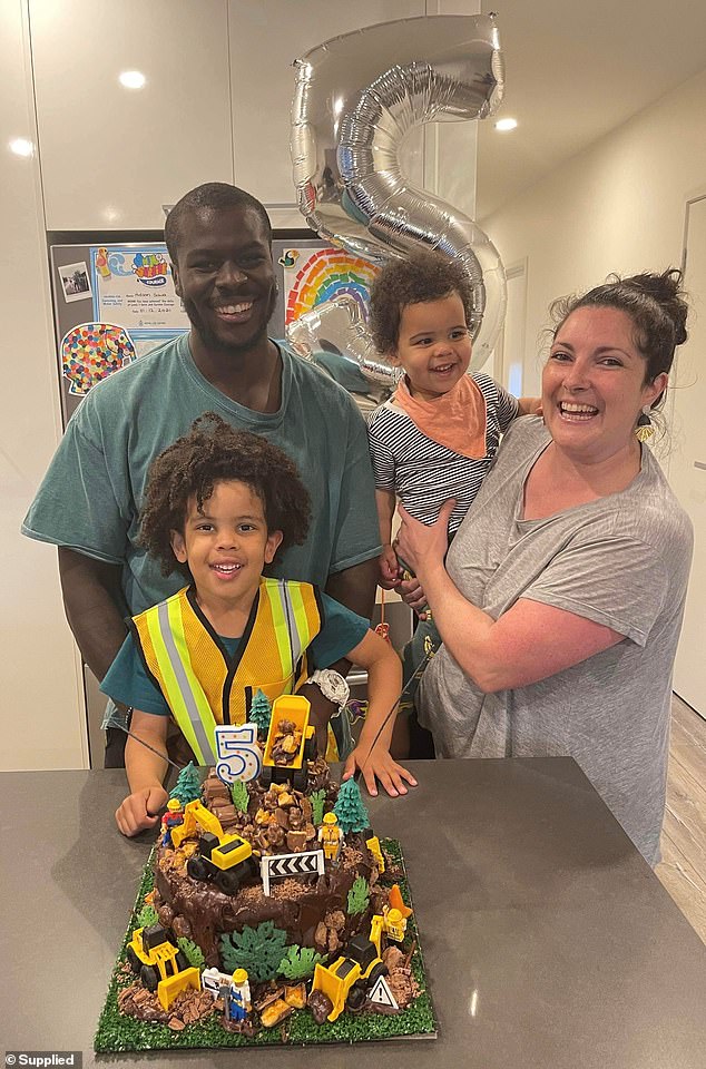 Australian tradies in their 20s and 30s are falling desperately ill from lung disease, many of which result from working with a popular stone used in high-end kitchen renovations (photo: Joshua Suwa, 34-year-old silicosis sufferer, with his wife Erin and children Hudson and Lenny)