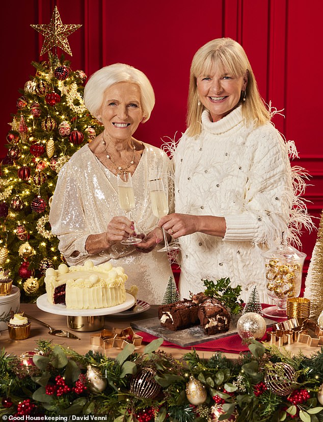 The former Bake Off star gave her tips for a stress-free festive meal in the December edition of Good Housekeeping (pictured: Dame Mary with Gaby Huddart, editor-in-chief, Good Housekeeping)