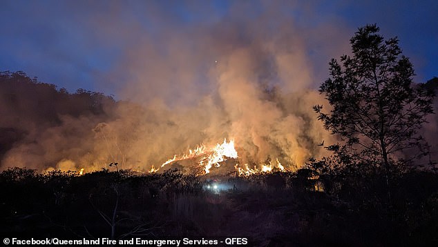 The body discovered at Tara was the first Queensland life lost to bushfires this season (photo, Tallebudgera Valley fire)