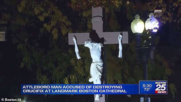 Patzelt is accused of breaking off the arms of the Jesus Christ statue outside the Cathedral of the Holy Cross