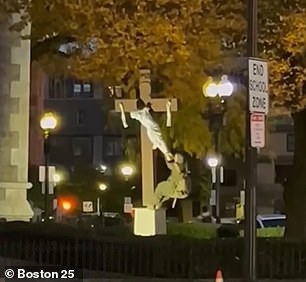 A video circulated on social media showing Patzelt waving at the feet of the statue