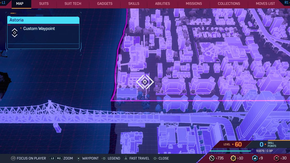 The map shows Astoria in Spider-Man 2 on PS5.