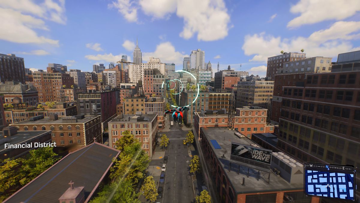 Spider-Man flies through the financial world in Spider Man 2 on PS5.