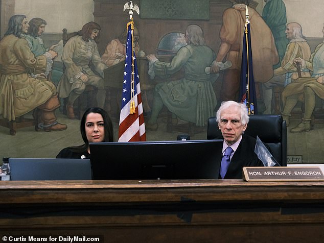 Judge Arthur Engoron interrupted the proceedings shortly before court broke for lunch on Wednesday to scold Trump for publicly speaking out against him and his law clerk Allison Greenfield (left)