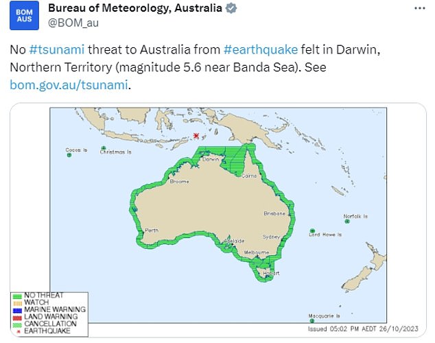 A tsunami warning was issued by the Bureau of Meteorology at 5:02 p.m., confirming that there was no threat to Australia