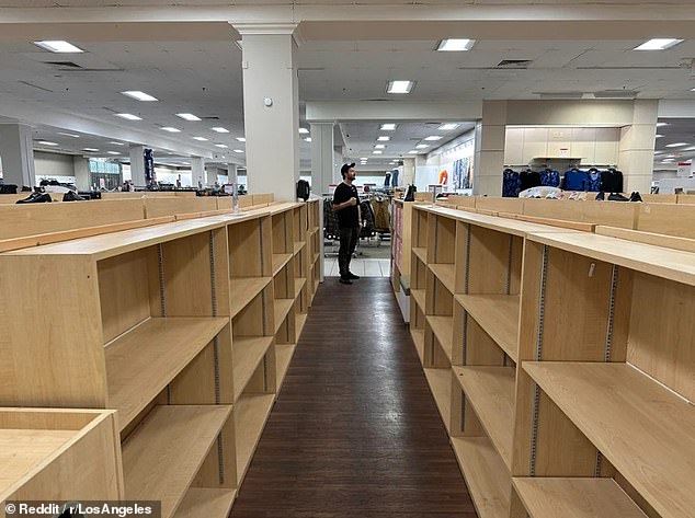 Rows of shelves stood empty, while some spaces, including tools, were well stocked