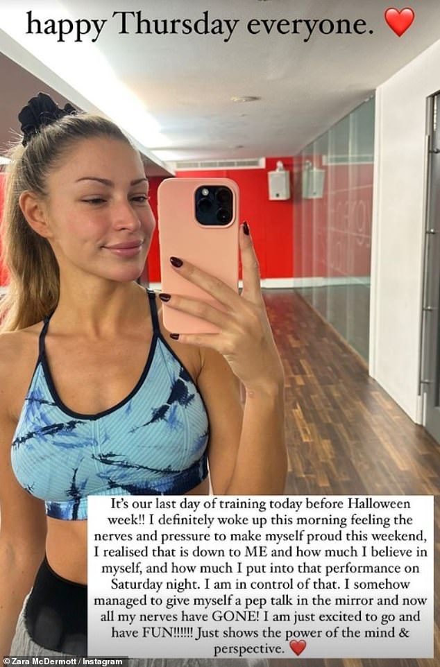 Feeling good: Zara also shared a photo in the dance studio as she revealed she was trying to focus on positive thinking ahead of the next live show