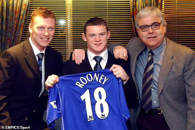 Old times: Kenwright with former Everton manager David Moyes and a teenage Wayne Rooney, who started his football career at the Merseyside club