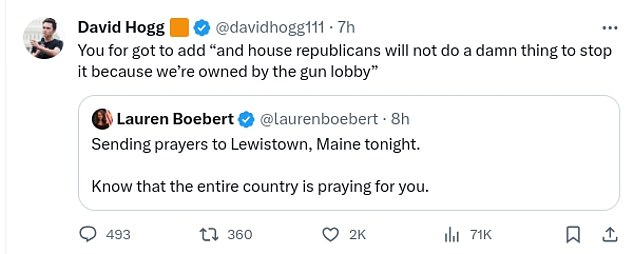 Parkland High School student David Hogg called out Rep. Lauren Boebert's call for prayers for Lewiston