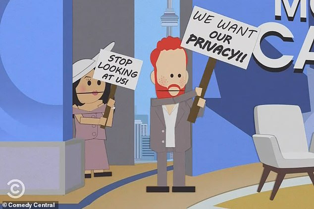 The worst thing about the scene is that it's excruciatingly unfunny.  No subtlety, no comedic timing, just one obvious punchline: America thinks you, Harry and Meghan, are frauds!  (Image: South Park satire of the Sussexes in February).